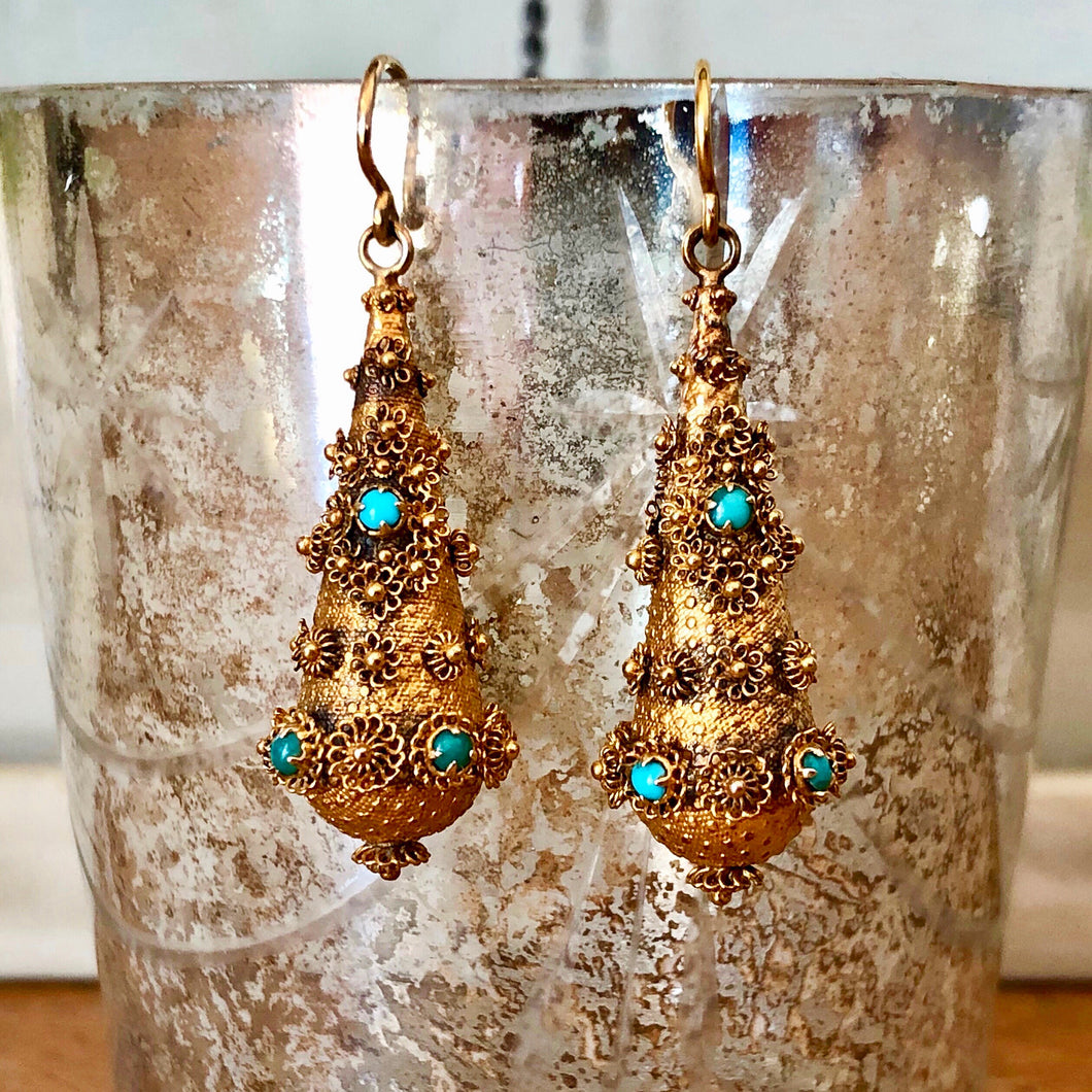 Gold and Turquoise Cannetille Earrings