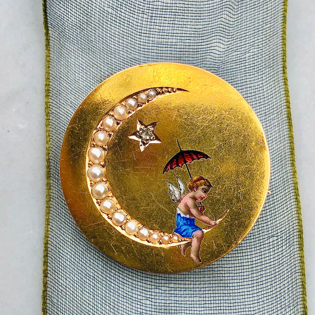 Crescent Moon and Cherub Brooch