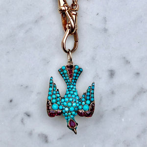Turquoise and Ruby Bird Pendant
